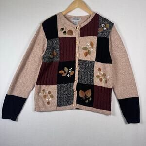 Cabin Creek Ramie Cotton Sweater Cardigan Patchwork Fall Leaves Toggle Buttons S